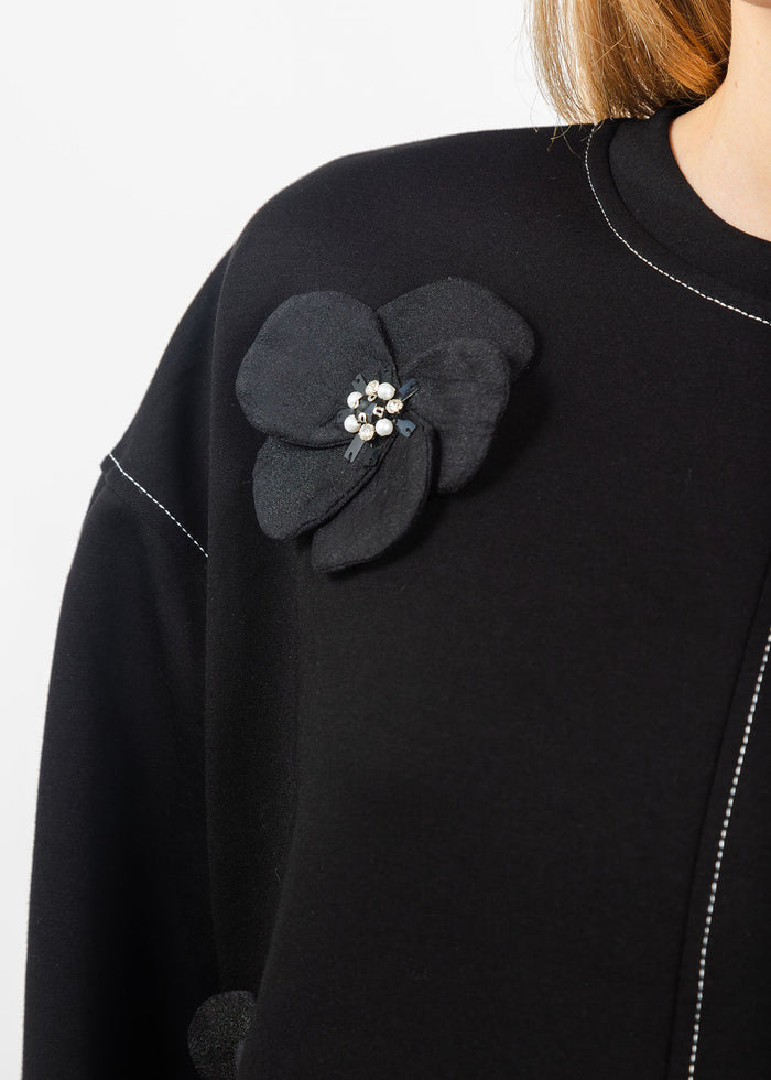 Terra Stitch & 3D Floral Appliques Sweater in Black available at Barbara Katz