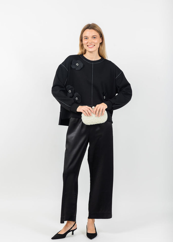 Terra Stitch & 3D Floral Appliques Sweater in Black available at Barbara Katz