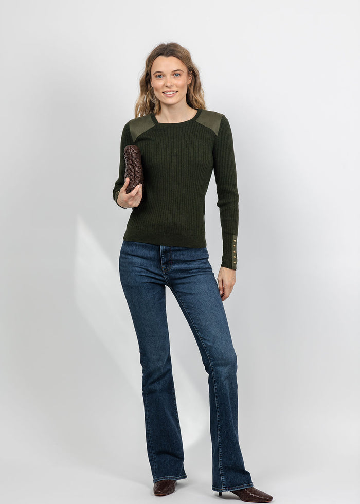 J Society Suede Shoulder Patch Top in Military available at Barbara Katz