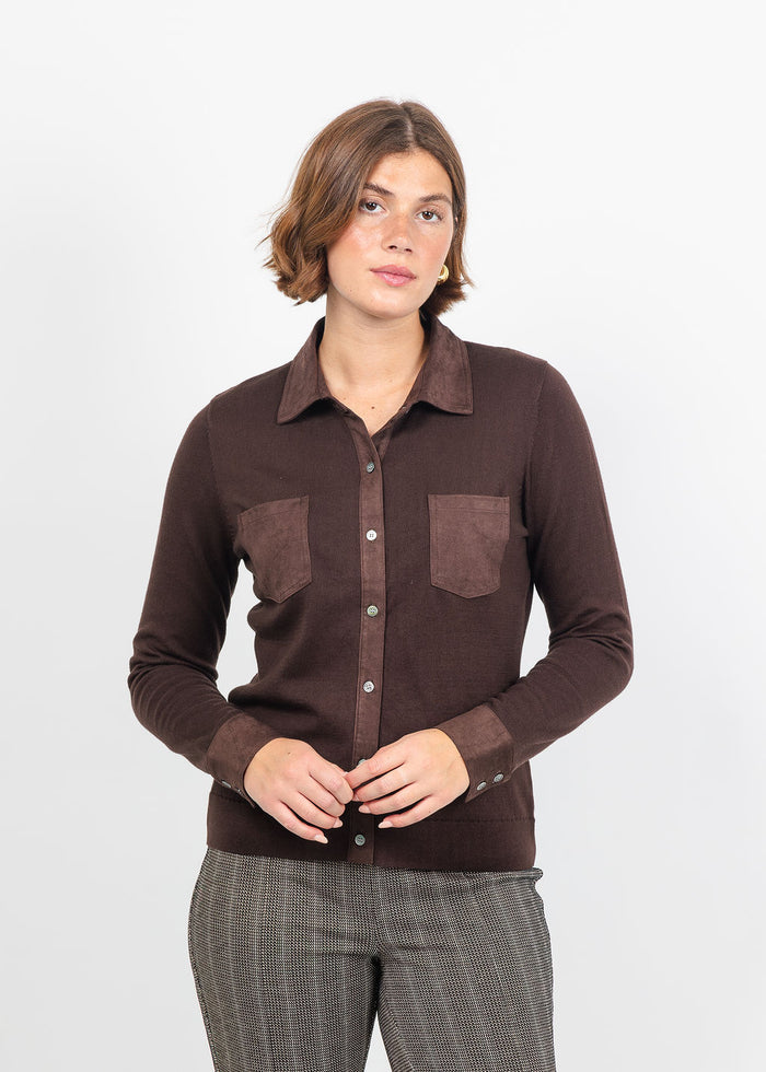 J Society Suede Trim Button Down in Coffee Bean available at Barbara Katz