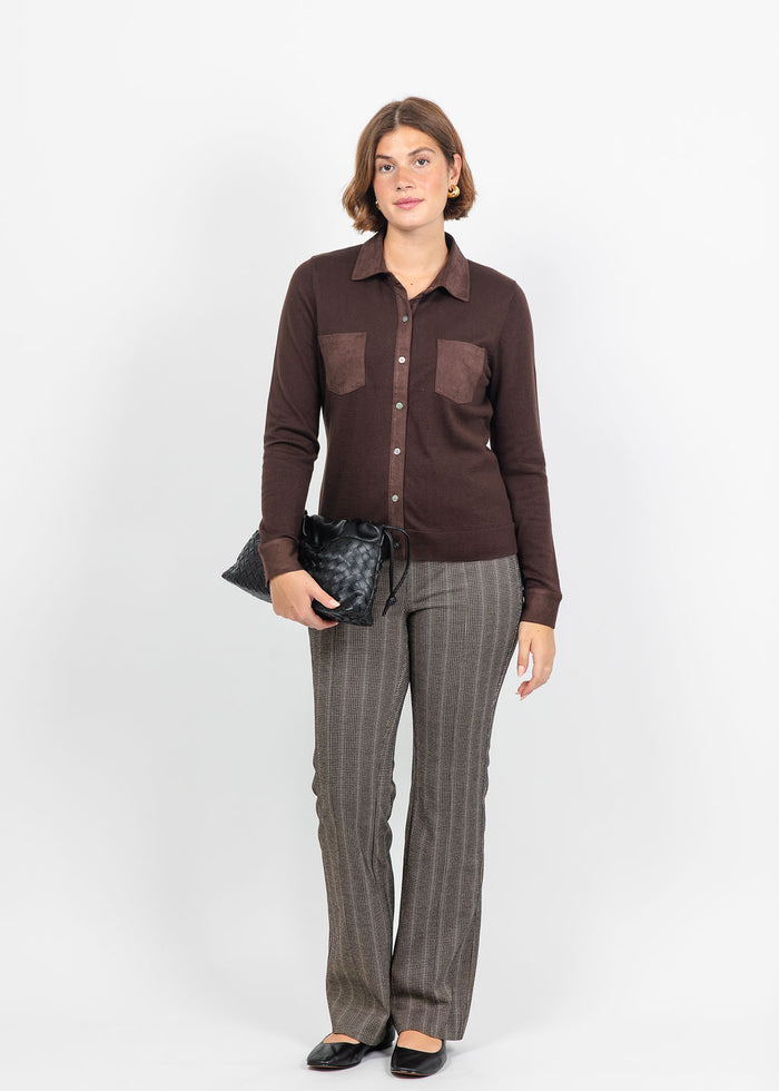 J Society Suede Trim Button Down in Coffee Bean paired with Lysse Patterned Pintuck Ponte Baby Boot Pant in Textured Herringbone available at Barbara Katz