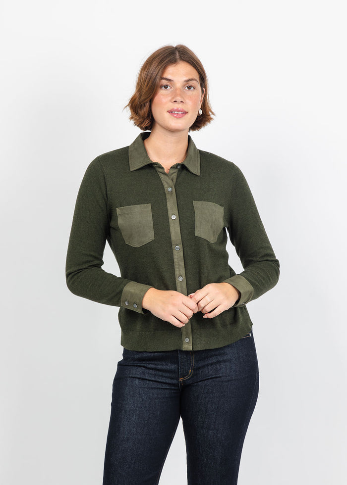 J Society Suede Trim Button Down in Military available at Barbara Katz