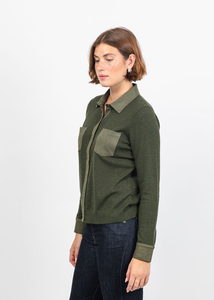 J Society Suede Trim Button Down in Military available at Barbara Katz