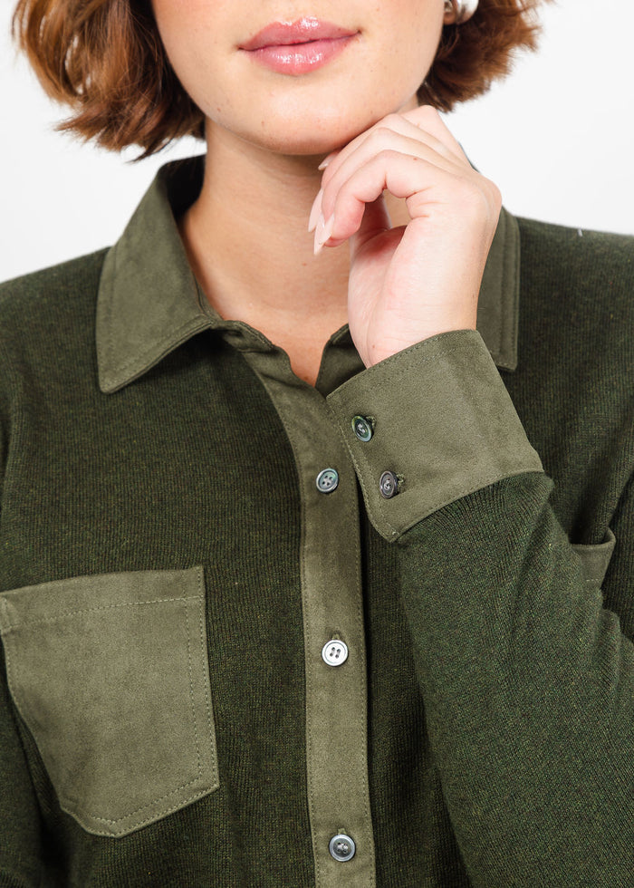 J Society Suede Trim Button Down in Military available at Barbara Katz