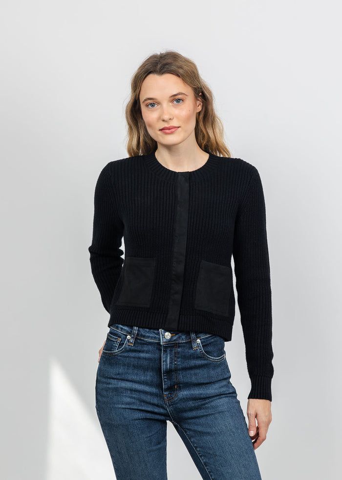 J Society Suede Trim Shaker Cardigan in Black available at Barbara Katz