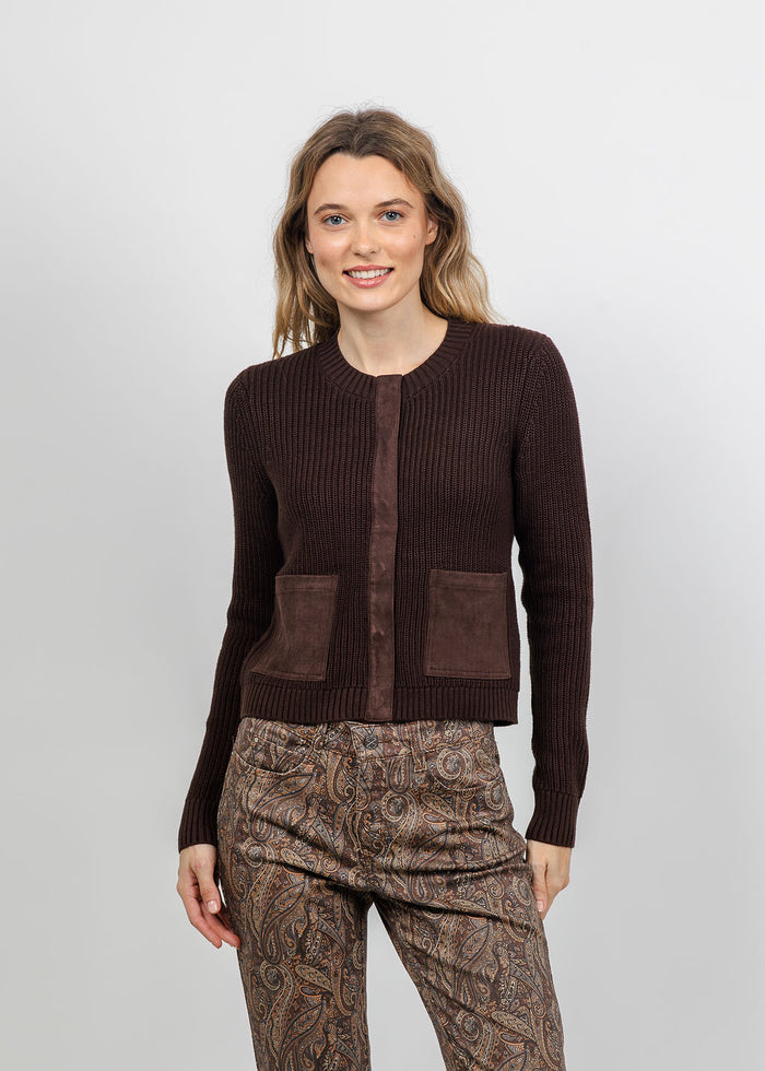 J Society Suede Trim Shaker Cardigan in Coffee Bean available at Barbara Katz
