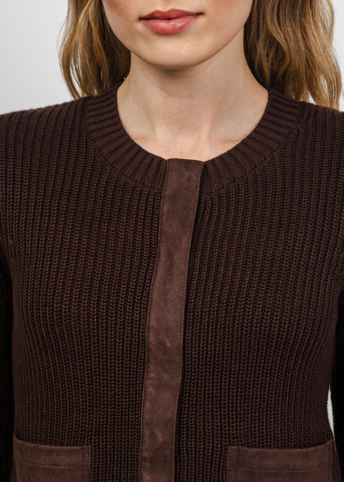 J Society Suede Trim Shaker Cardigan in Coffee Bean available at Barbara Katz