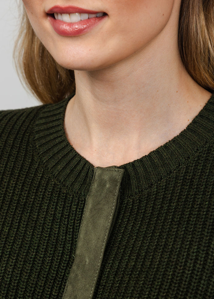 J Society Suede Trim Shaker Cardigan in Military available at Barbara Katz
