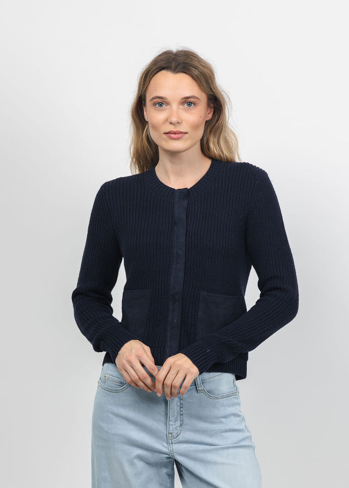 J Society Suede Trim Shaker Cardigan in Navy available at Barbara Katz