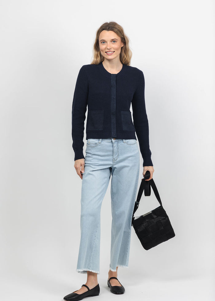 J Society Suede Trim Shaker Cardigan in Navy available at Barbara Katz