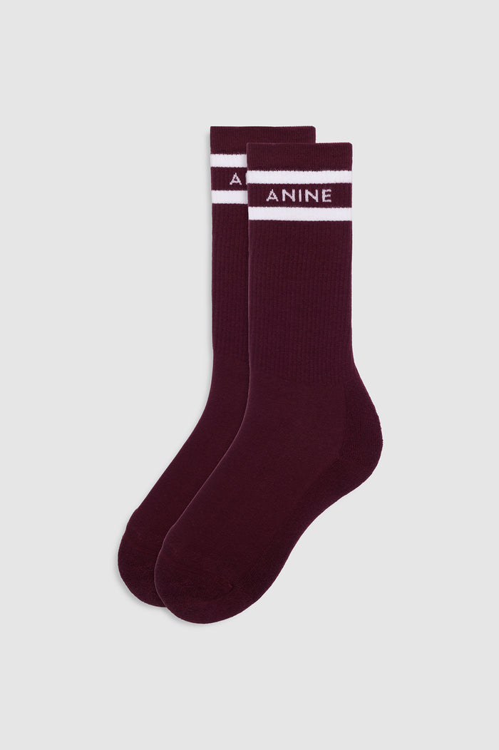 ANINE BING Sully Sporty Socks - Burgundy And White Stripe - front view