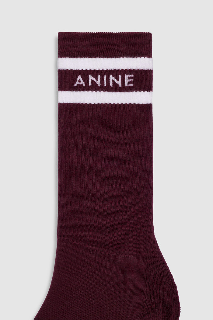 ANINE BING Sully Sporty Socks - Burgundy And White Stripe - detail view