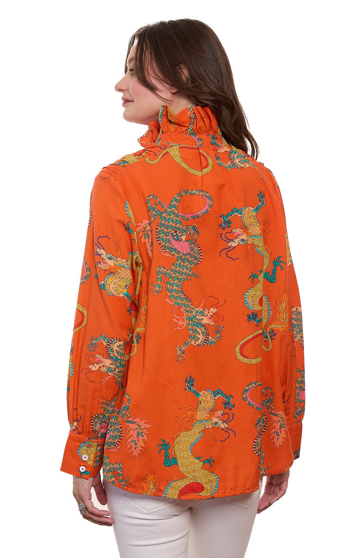 Dizzy-Lizzie Sun Valley Oversized Shirt with Ruffle Collar - Orange Dragon Print available at Barbara Katz