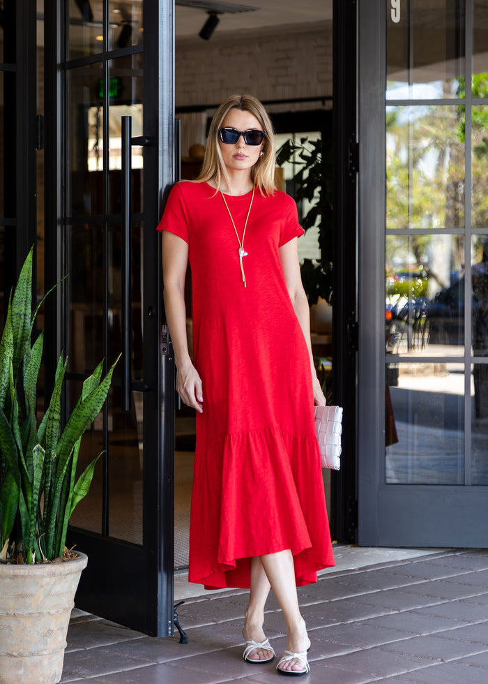 Susie Short Sleeve Dress With Ruffle - Cherry - Barbara Katz