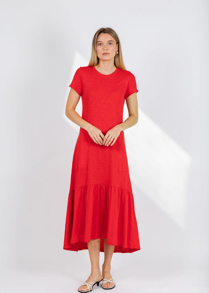 Elliott Lauren Susie Short Sleeve Dress With Ruffle in Cherry Red available at Barbara Katz