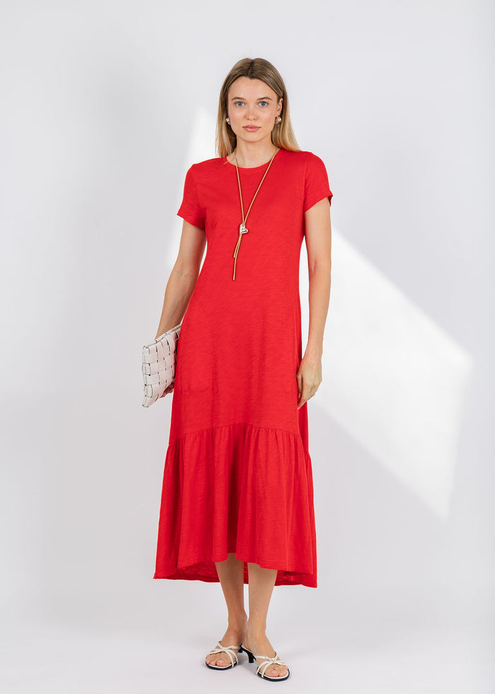 Elliott Lauren Susie Short Sleeve Dress With Ruffle in Cherry Red available at Barbara Katz