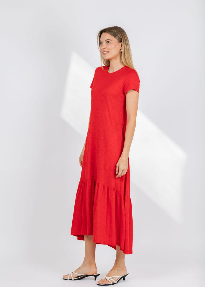 Elliott Lauren Susie Short Sleeve Dress With Ruffle in Cherry Red available at Barbara Katz