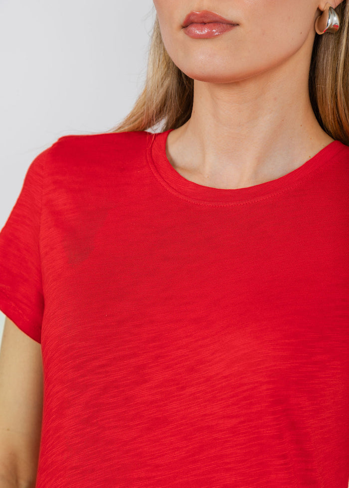 Elliott Lauren Susie Short Sleeve Dress With Ruffle in Cherry Red available at Barbara Katz