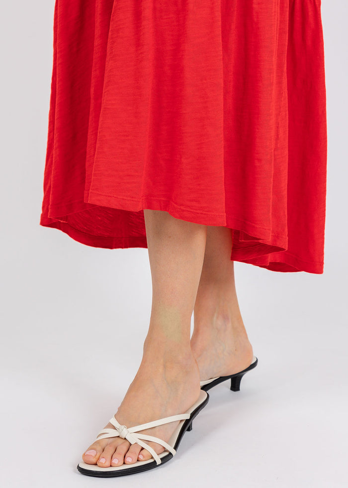 Elliott Lauren Susie Short Sleeve Dress With Ruffle in Cherry Red available at Barbara Katz