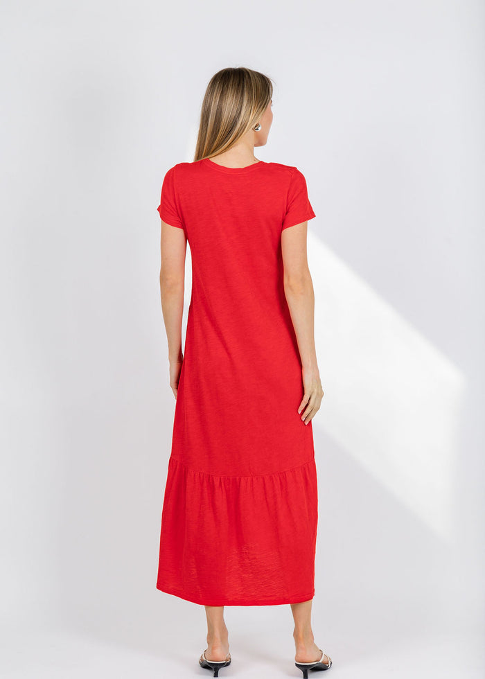 Elliott Lauren Susie Short Sleeve Dress With Ruffle in Cherry Red available at Barbara Katz
