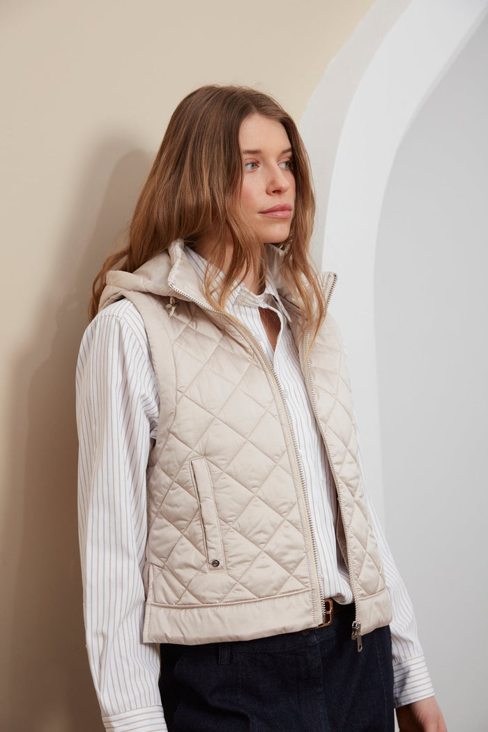 Adroit Atelier Talia Quilted Gilet With Removable Hood in Birch available at Barbara Katz