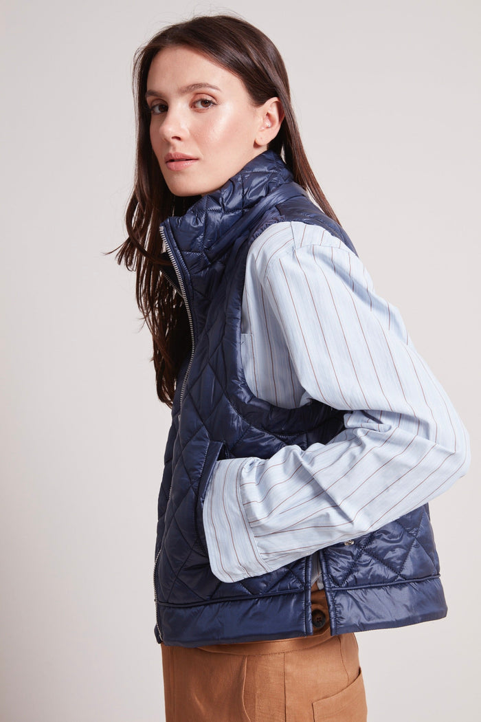 Adroit Atelier Talia Quilted Vest With Removable Hood in Navy available at Barbara Katz