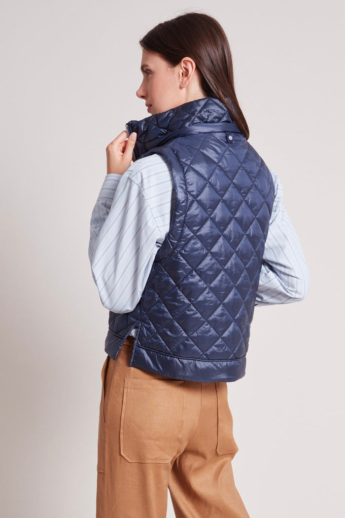 Adroit Atelier Talia Quilted Gilet With Removable Hood in Navy available at Barbara Katz