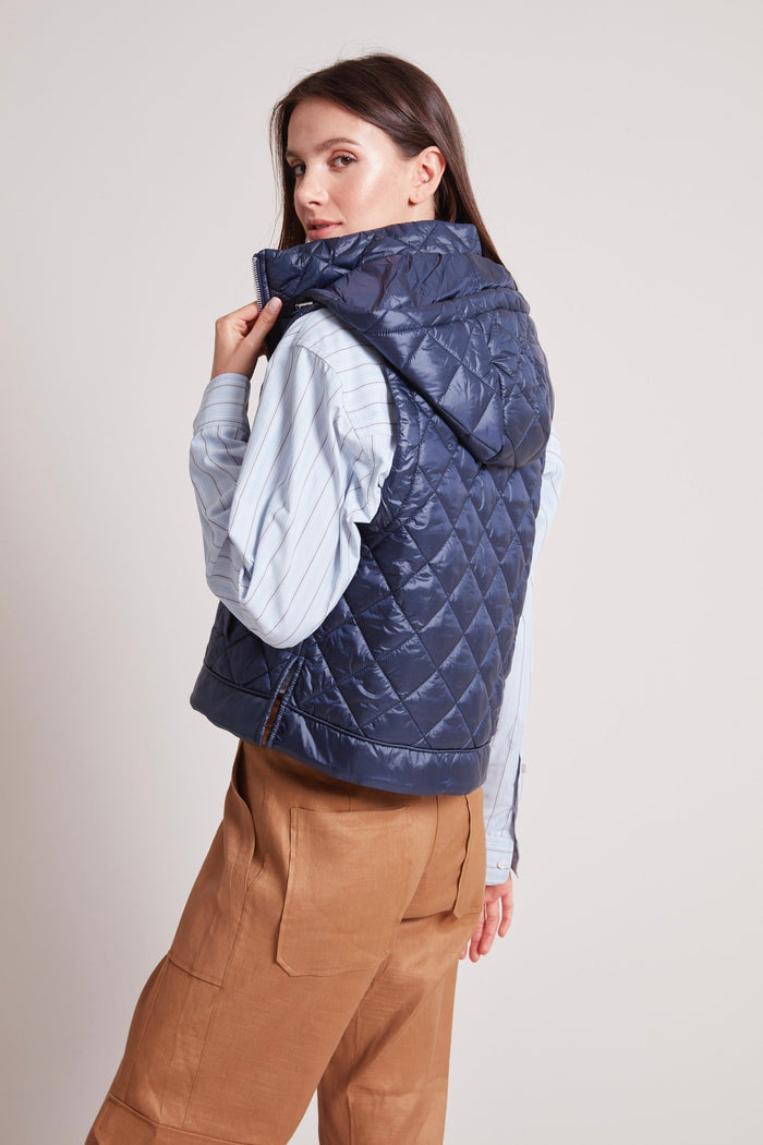 Adroit Atelier Talia Quilted Vest With Removable Hood in Navy available at Barbara Katz
