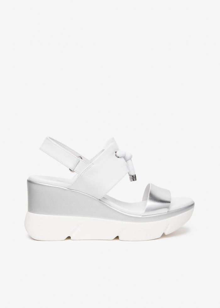 NeroGiardini Tati Bungee Platform Sport Wedge Sandals in White/Silver available at Barbara Katz