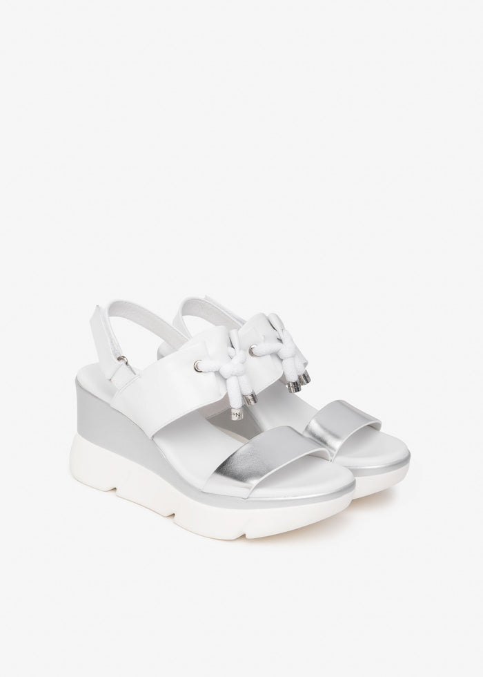 NeroGiardini Tati Bungee Platform Sport Wedge Sandals in White/Silver available at Barbara Katz