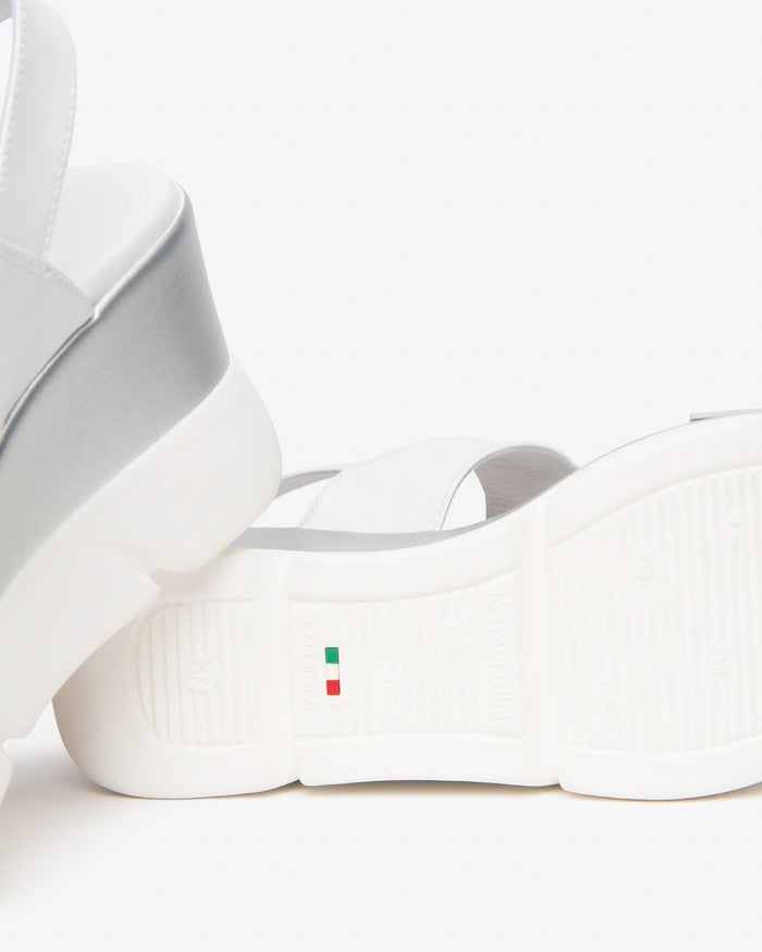 NeroGiardini Tati Bungee Platform Sport Wedge Sandals in White/Silver available at Barbara Katz