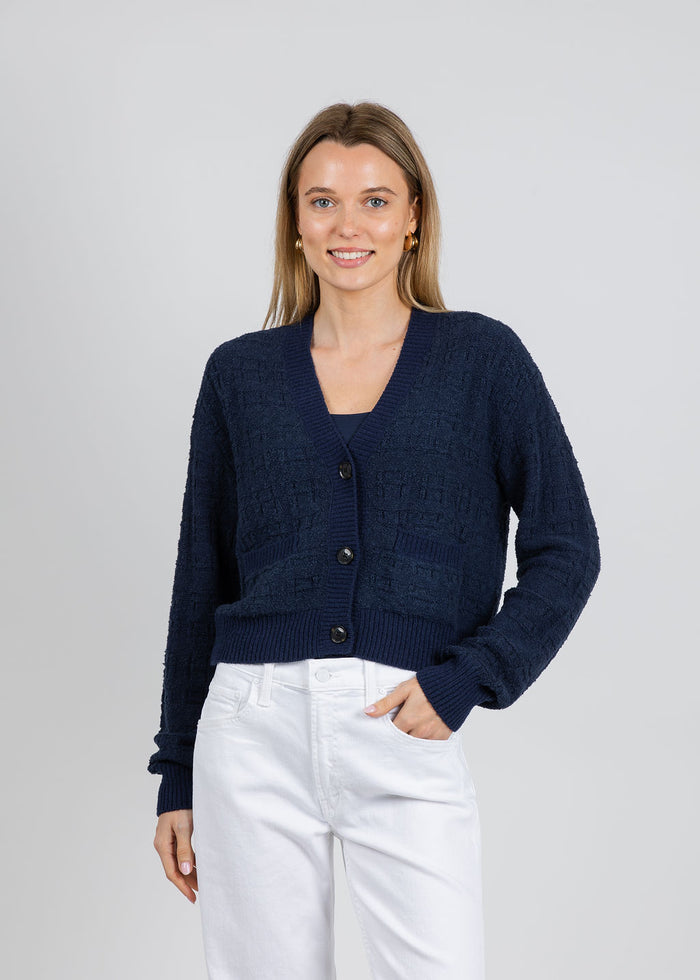 White & Warren Textured Boucle Cardigan in Navy Tonal available at Barbara Katz
