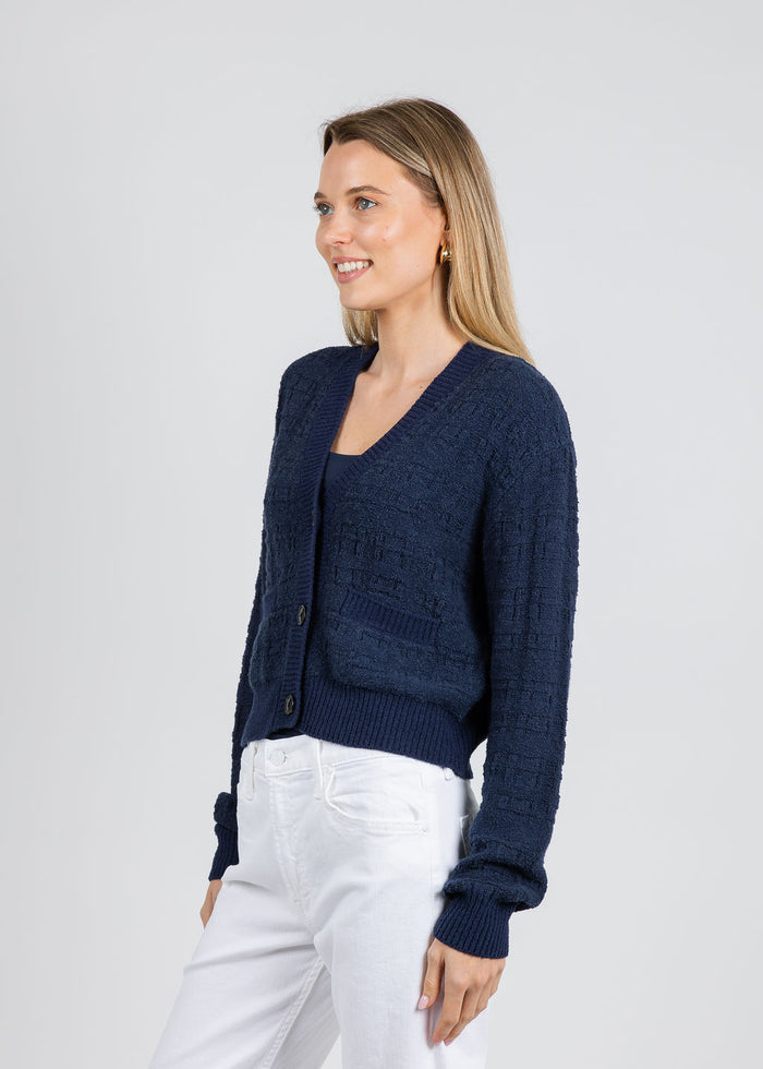 White & Warren Textured Boucle Cardigan in Navy Tonal available at Barbara Katz