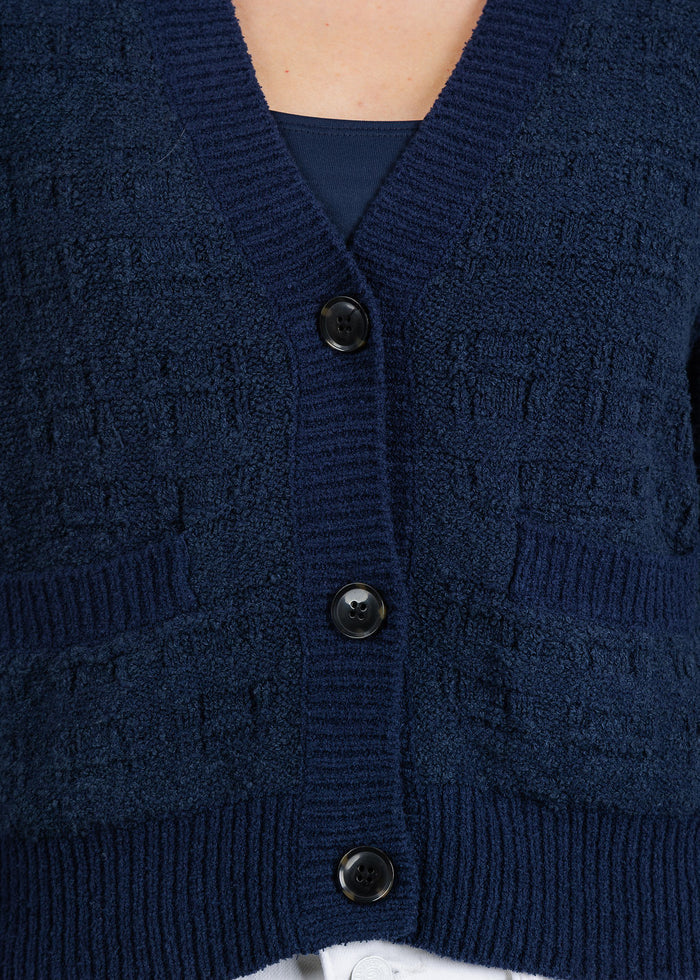 White & Warren Textured Boucle Cardigan in Navy Tonal available at Barbara Katz