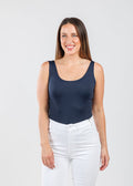 A'NUE The Classic Micro Tank Top in Navy  featuring a scoop neckline, wide shoulder straps, form-fitting fit, travel-friendly style available at Barbara Katz.