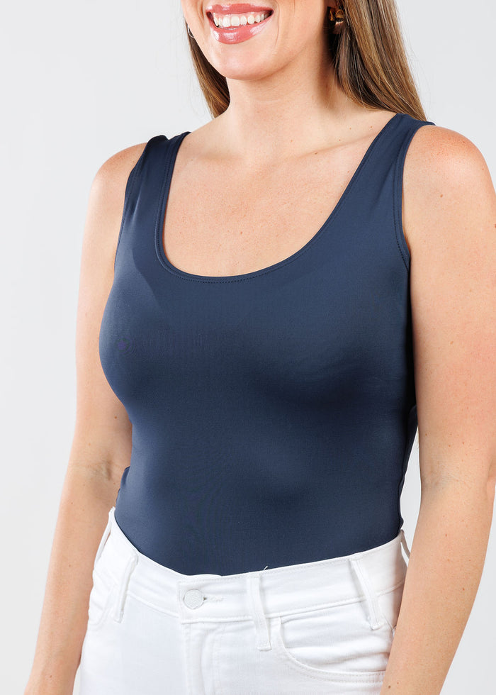 A'NUE The Classic Micro Tank Top in Navy  featuring a scoop neckline, wide shoulder straps, form-fitting fit, travel-friendly style available at Barbara Katz.