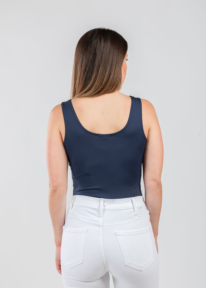 A'NUE The Classic Micro Tank Top in Navy  featuring a scoop neckline, wide shoulder straps, form-fitting fit, travel-friendly style available at Barbara Katz.