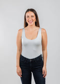 A'NUE The Classic Micro Tank Top in Platinum featuring a scoop neckline, wide shoulder straps, form-fitting fit, travel-friendly style available at Barbara Katz.