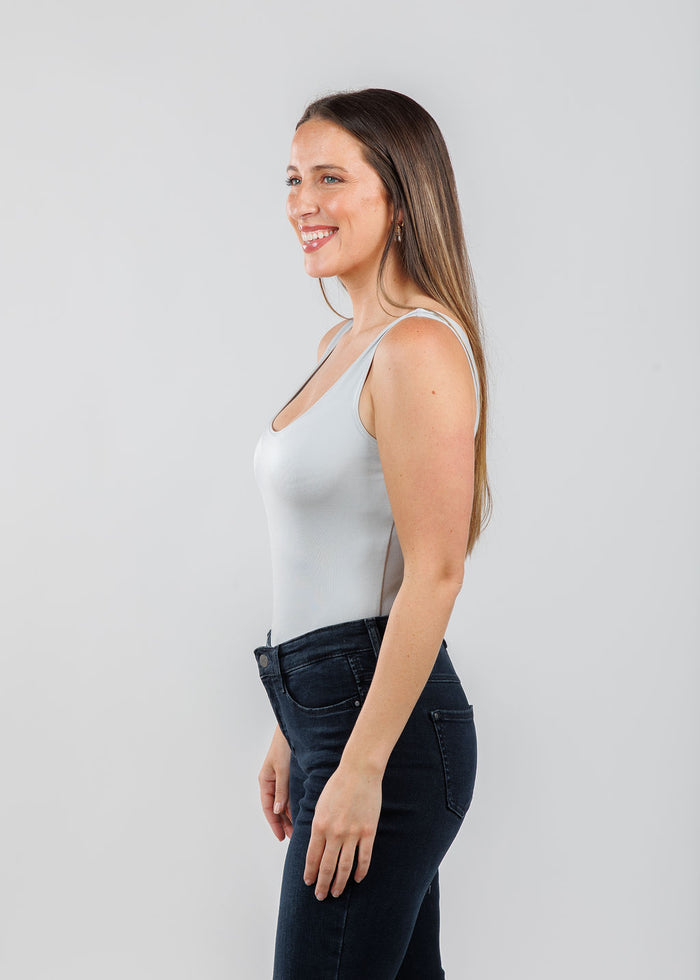 A'NUE The Classic Micro Tank Top in Platinum featuring a scoop neckline, wide shoulder straps, form-fitting fit, travel-friendly style available at Barbara Katz.