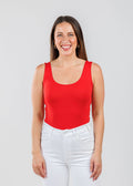 A'NUE The Classic Micro Tank Top in Red featuring a scoop neckline, wide shoulder straps, form-fitting fit, travel-friendly style available at Barbara Katz.