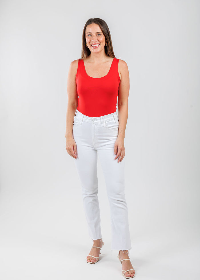 A'NUE The Classic Micro Tank Top in Red featuring a scoop neckline, wide shoulder straps, form-fitting fit, travel-friendly style available at Barbara Katz.