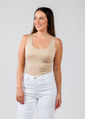 A'NUE The Classic Micro Tank Top in Shimmer Cream featuring a scoop neckline, wide shoulder straps, form-fitting fit, travel-friendly style available at Barbara Katz