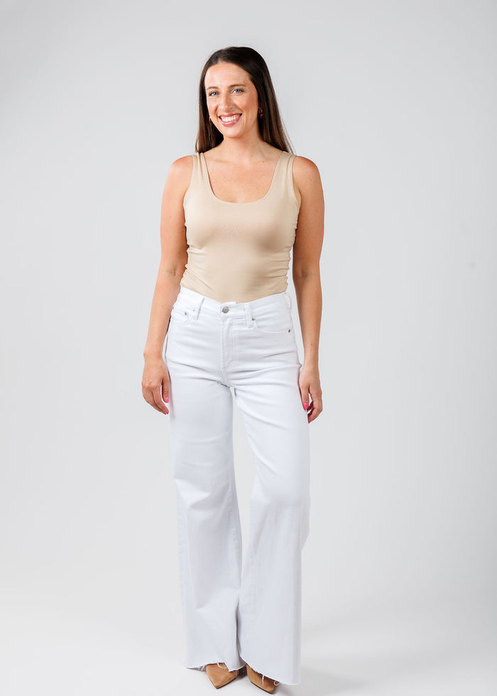 A'NUE The Classic Micro Tank Top in Shimmer Cream paired with Pistola Denim Izzy Wide Leg Crop Jeans in Vivid White available at Barbara Katz