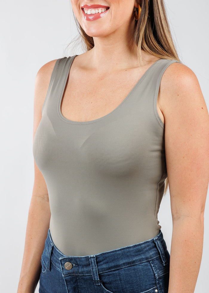 A'NUE The Classic Micro Tank Top in Slate featuring a scoop neckline, wide shoulder straps, form-fitting fit, travel-friendly style available at Barbara Katz.