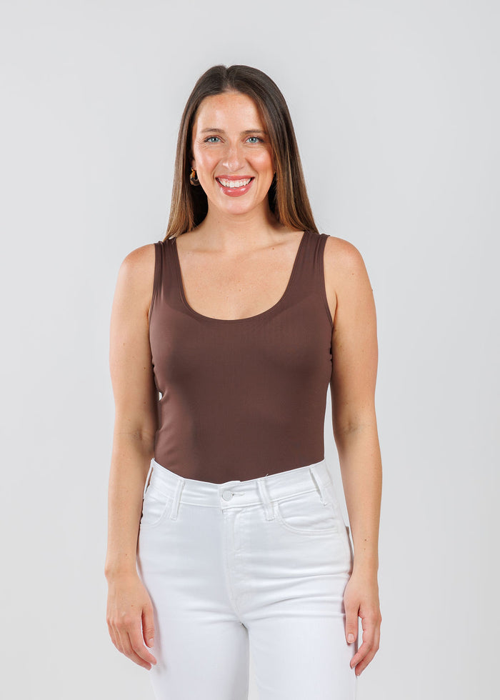 A'NUE The Classic Micro Tank Top in Walnut featuring a scoop neckline, wide shoulder straps, form-fitting fit, travel-friendly style available at Barbara Katz.