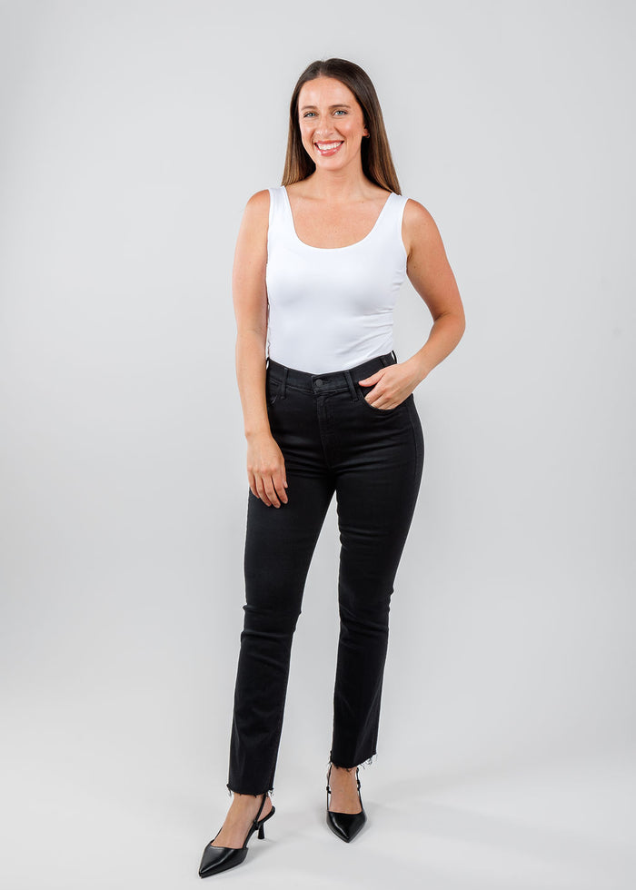 A'NUE The Classic Micro Tank Top in White paired with Mother Denim The Hustler Ankle Fray Jeans in Not Guilty available at Barbara Katz.