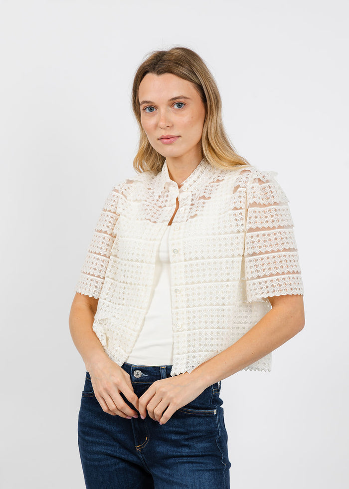 Frame The Lattice Crochet Blouse in Cream available at Barbara Katz