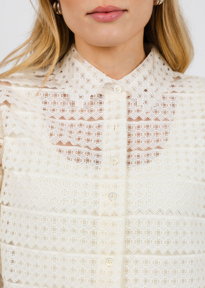 Frame The Lattice Crochet Blouse in Cream available at Barbara Katz