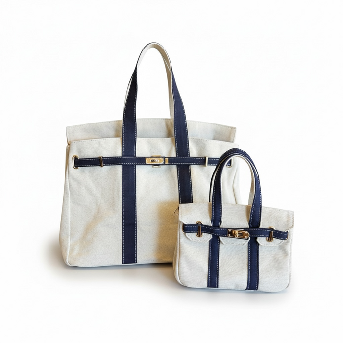 BK Handbags The Luxe Signature Tote Bag and The Luxey Mini Canvas Tote Bag in Navy available at Barbara Katz