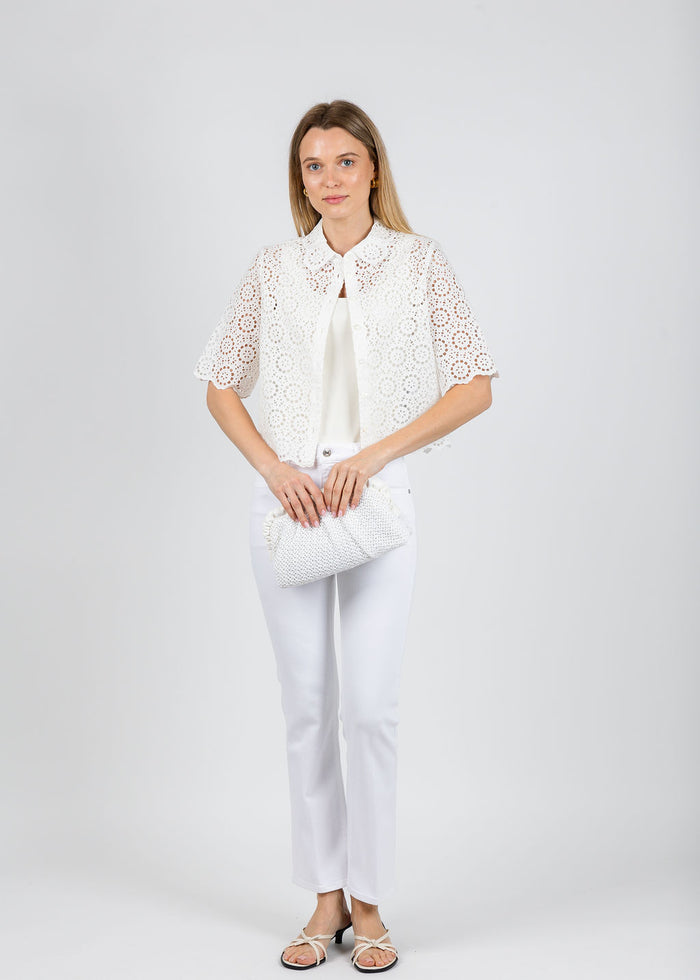 Frame The Petal Eyelet Shirt in White available at Barbara Katz